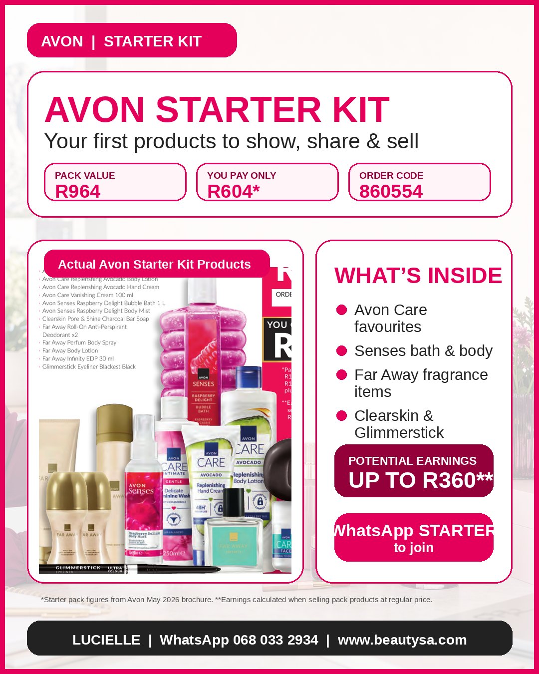 Avon Starter Kit products including Avon Care, Far Away, Senses, Clearskin