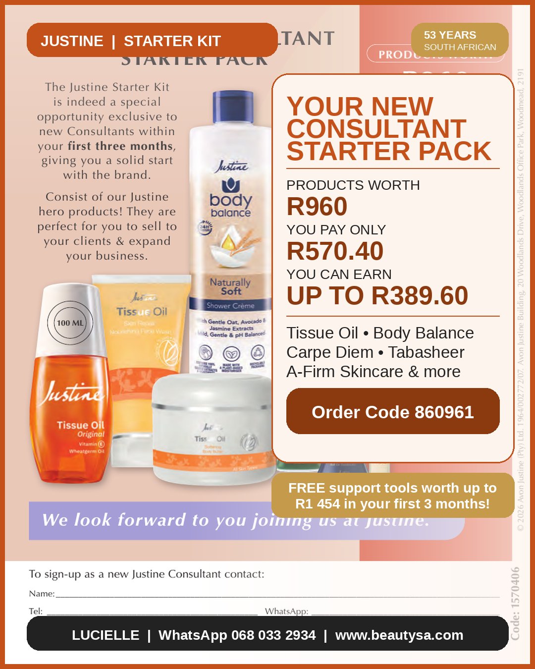 Justine Starter Kit products including Tissue Oil, Body Balance, Carpe Diem
